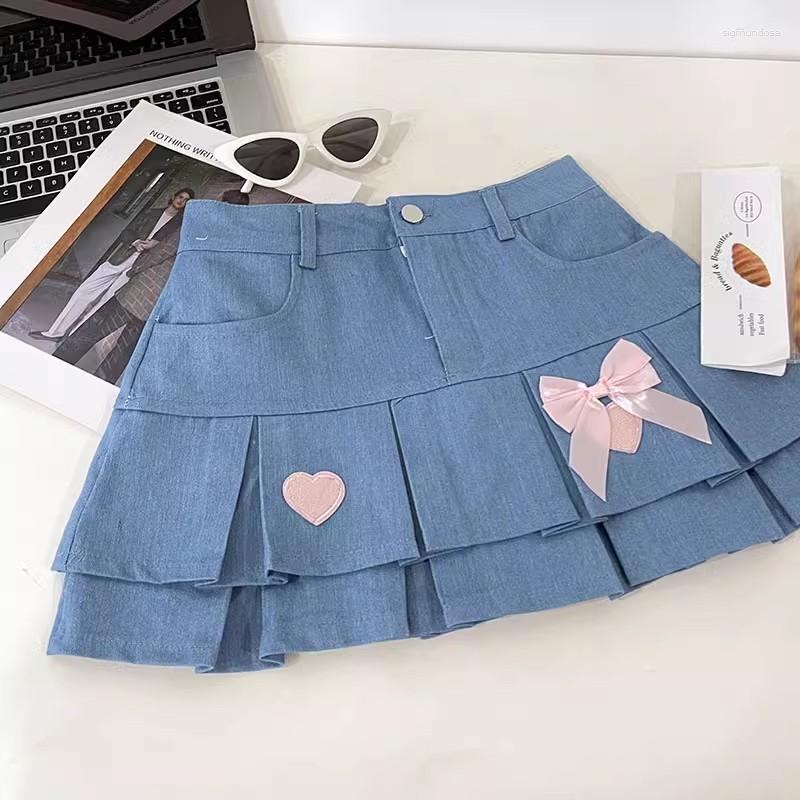 

Skirts Sweet And Cute Bow Layered Cake Skirt High Waist Anti Glare Pleated Denim Short, Blue