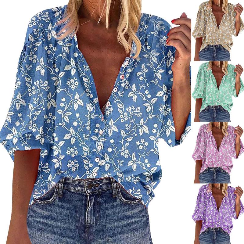 

Women's Blouses Colla Shirt Women Long Sleeve Button Down Women's Sleeved Loose Top Floral Sunblock Clothes For, Blue