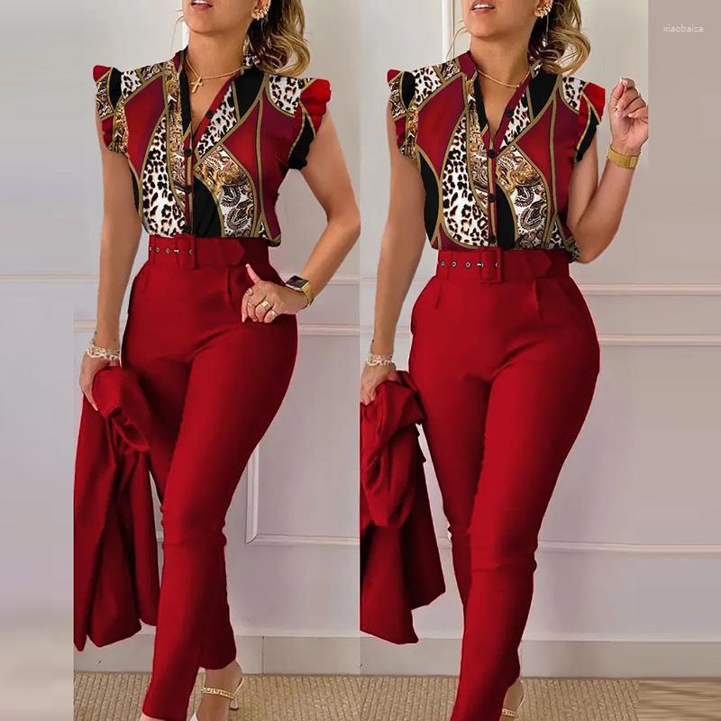 

Women' Two Piece Pants Summer Casual Women Outfits Elegant V-neck Ruffle Sleeve Top And Belt Long Suits Office Commuter Slim Fit Set, 01 green