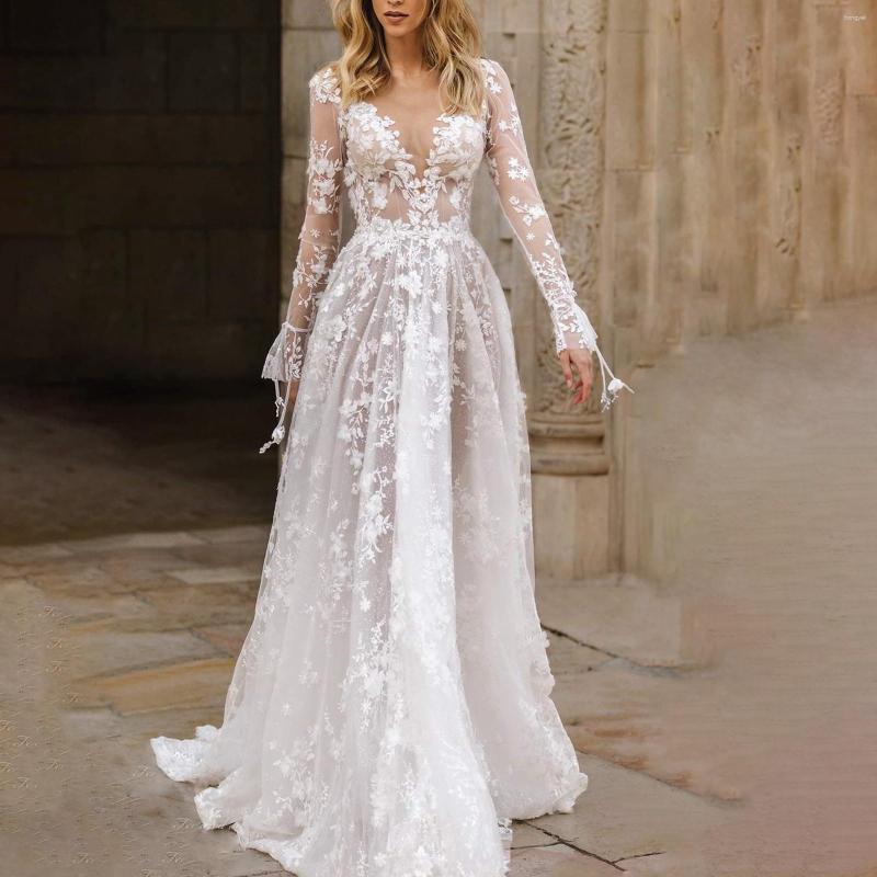 

Casual Dresses 2023 Summer Women Maxi Party Dress Elegant Deep V Neck Mesh Long Sleeve Lace White Backless Wedding Evening Celebrity Gown
