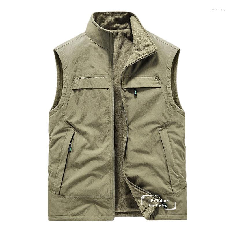 

Men's Vests Autumn Winter Reversible Vest Men's Casual Standing Collar Outdoor Sleeveless Coat Middle-aged Rocking Fleece Jacket, Army green