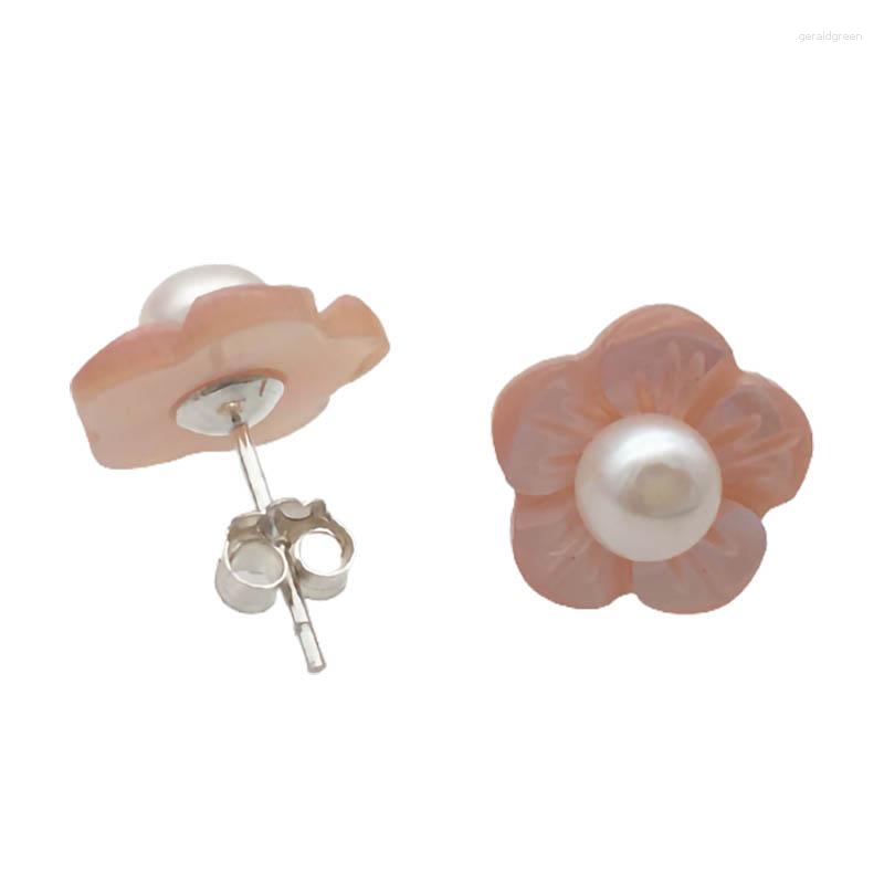 

Stud Earrings Hand Carved Real Pink Flower Shell 925 Sterling Silver White Pearl Woman Gift Fashion Jewelry Earring