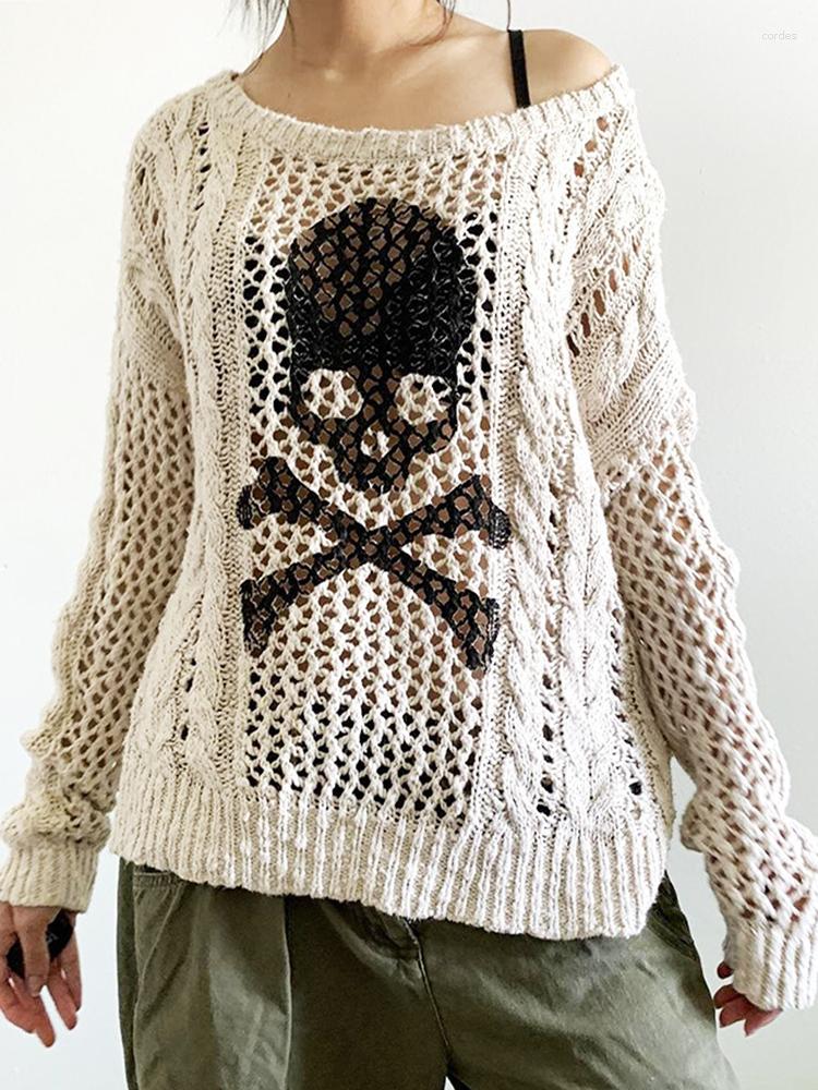 

Women' Sweaters 2023 Vintage Skull Sweater Y2K Aesthetic Gothic Hollow Out Long Sleeve Tops Punk Crochet Pullover Knitwear Women Streetwear, Beige