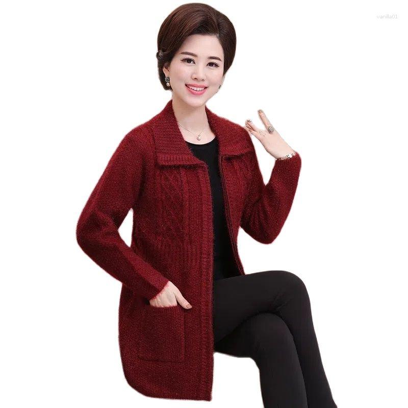 

Women's Knits Middle Aged Elderly Women's Mothers' Autumn Long Sleeved Knitting Tops Women Cardigan Mid-length Sweater Winter Coat, Red