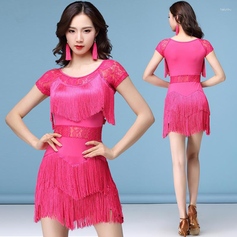 

Stage Wear Latin Dance Contest Clothing Lace Tassels Patchwork Dress Modern Ballroom Practice Clothes Multi-Color Dancing, Black