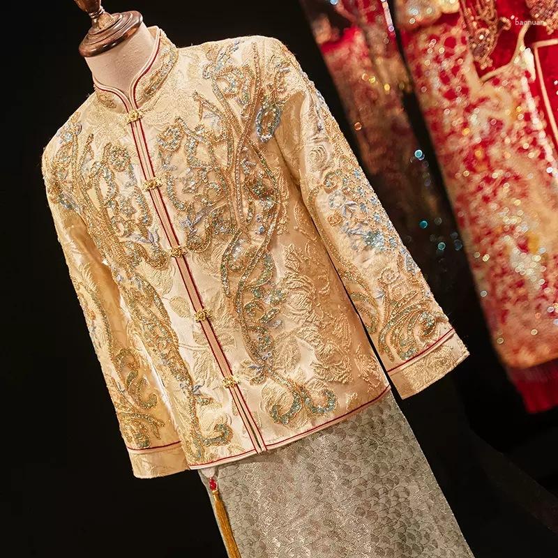 

Ethnic Clothing Ancient Toast Chinese Style Men Champagne Qipao Wedding Dress Tang Suit