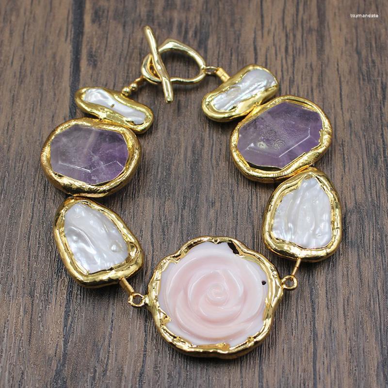 

Strand Beaded Strands GuaiGuai Jewelry Cultured White Keshi Pearl Amethysts Pink Queen Conch Flower Gold Color Plated Bracelet 8" Raym2