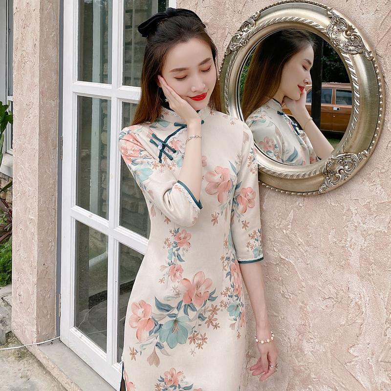 

Ethnic Clothing Cheongsam Dress Women Retro Elegant 2023 Spring Autumn Floral Chinese Style Young Girl Orientale Vestido