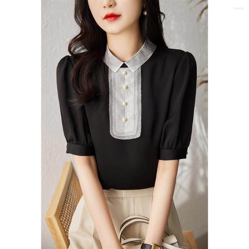 

Women' Blouses 2023 Summer Chiffon Women Blouse Shirt Half Sleeve Elegant Ladies Office Tops Casual Slim White Clothing A2, Black
