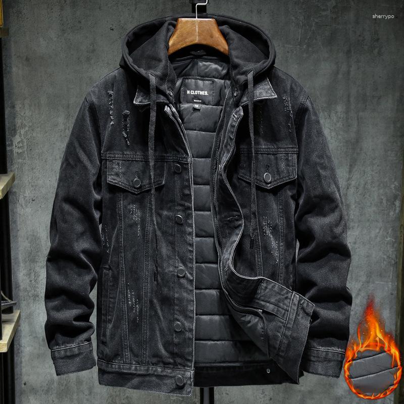 

Men's Jackets Men Black Winter Denim Outerwear Thicker Warm Jean Coats Detachable Cotton Liner Hooded Streetwear Thick Cowboy Jacket