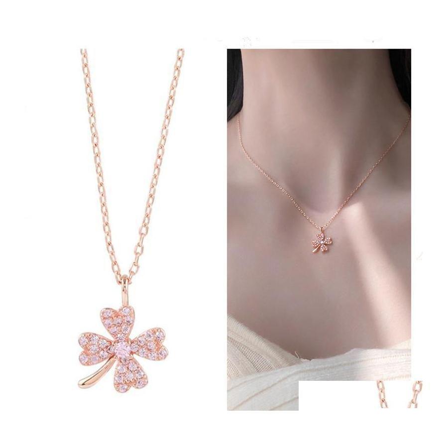 

Pendant Necklaces Trendy Rose Gold Zircon Clover Necklace Female Jewelry Fashion Princess Sier Plated Girl Clavicle Dhe78