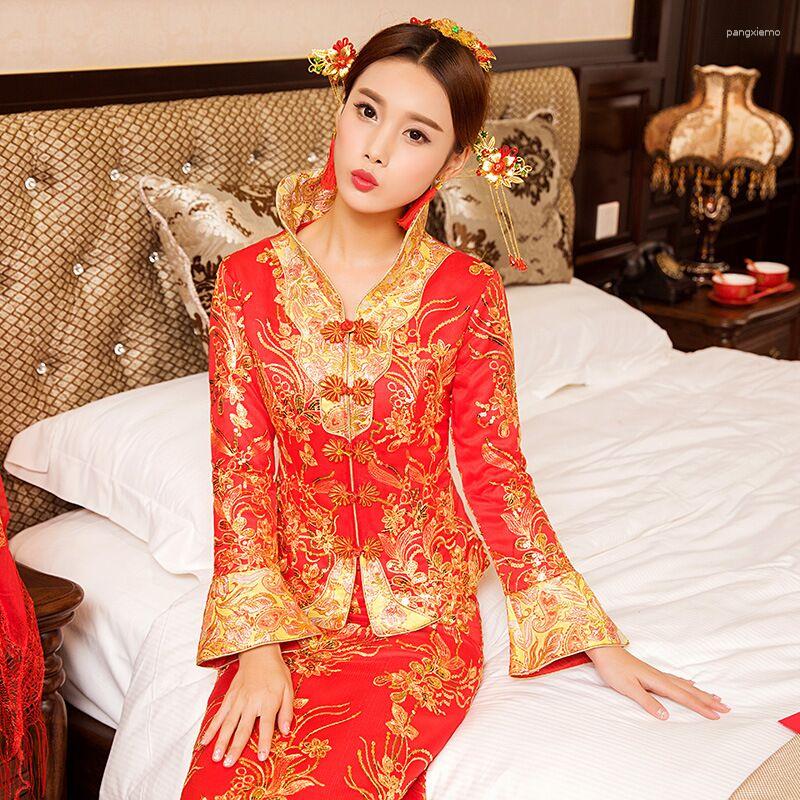 

Ethnic Clothing Red Traditional Chinese Wedding Dress Qipao National Costume Womens Overseas Style Bride Embroidery Cheongsam S-XXL