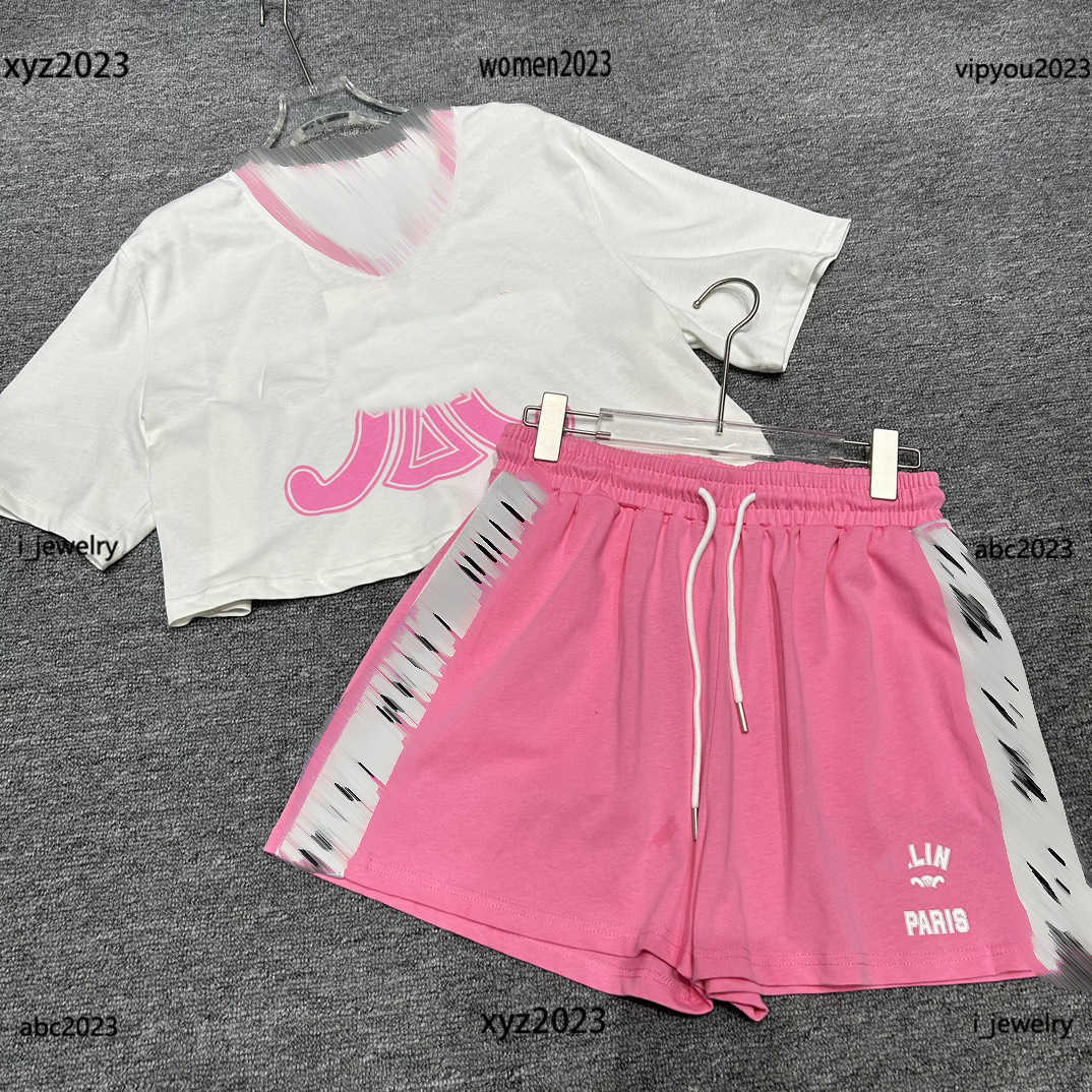 

designer clothes women tracksuits Girl casual suit 2pcs Pink logo printed loose fitting T-shirt and lace up shorts June24, #1