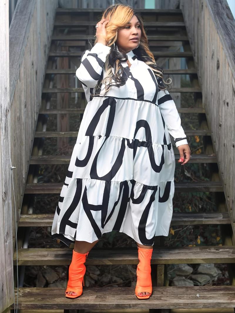 

Plus Size Dresses Geometric Print Polo Collar Maxi Dress Women's Casual Long, White