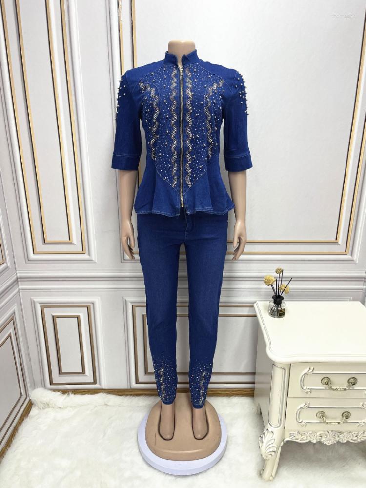 

Ethnic Clothing 2 Piece Set Denim Dashiki African Clothes Women Spring Autumn Fashion 3/4 Sleeve Top And Pants Suit High Street Chic Sets