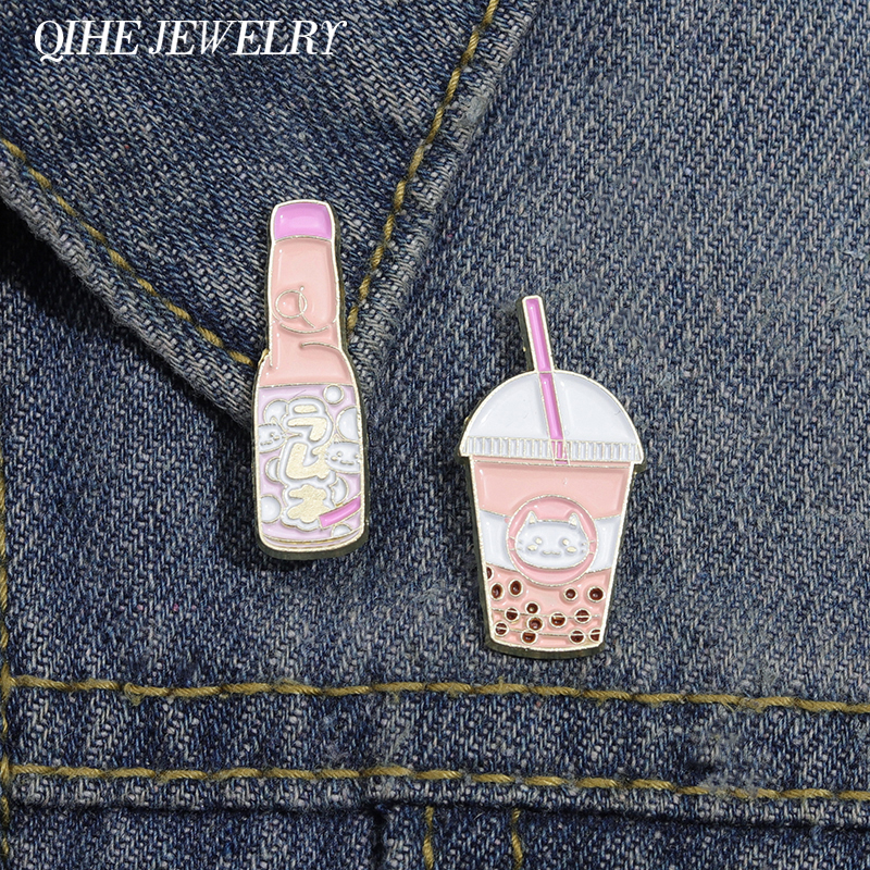 

Cat Juice Milk Enamel Pin Metal Badge Pink Cartoon Tea Drink Brooch Jewelry Gift Friends Lapel Sweater Wholesale Accessories