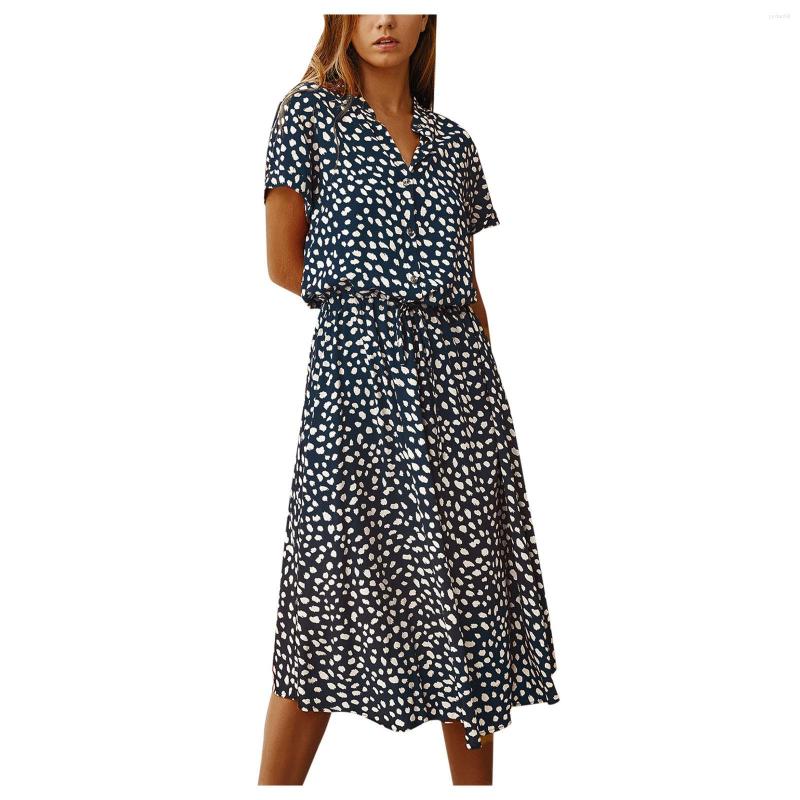 

Party Dresses Women' Dress Summer Polka Dot Printing Button Irregular Colla Short-sleeved Elegant Vestidos De Verano #G2, Rd