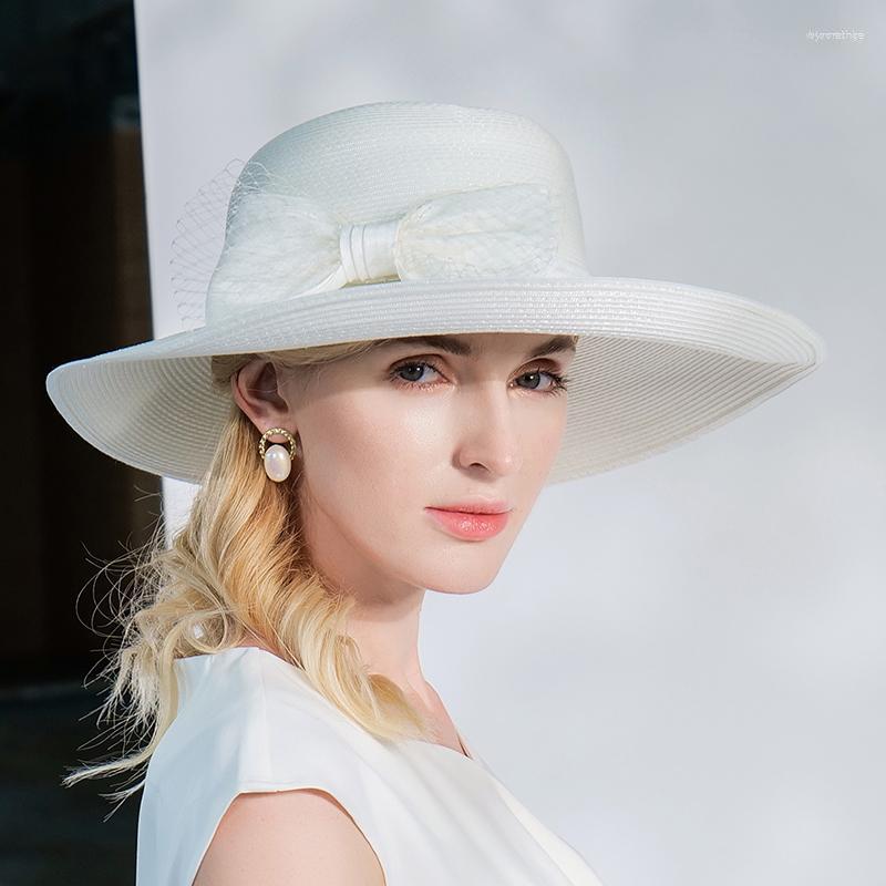 

Wide Brim Hats X4160 Lady Sun Beach Cap Girls Fashion Bow Straw Hat British Elegant Sunscreen Female Summer Panama, White