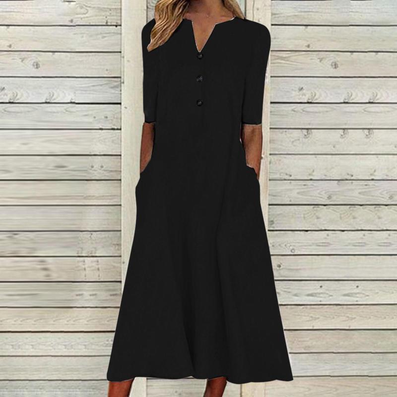 

Casual Dresses Women Summer Dress Solid Button Up Short Sleeve Party Flowy Midi Bohemian Beach Female Robe Vestidos, Black