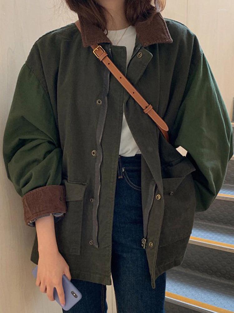 

Women' Jackets Vintage Lapel Women Patchwork Corduroy Autumn Loose Hip Hop Coats Streetwear Casual Outerwear Female Long Sleeve Tops, Army green