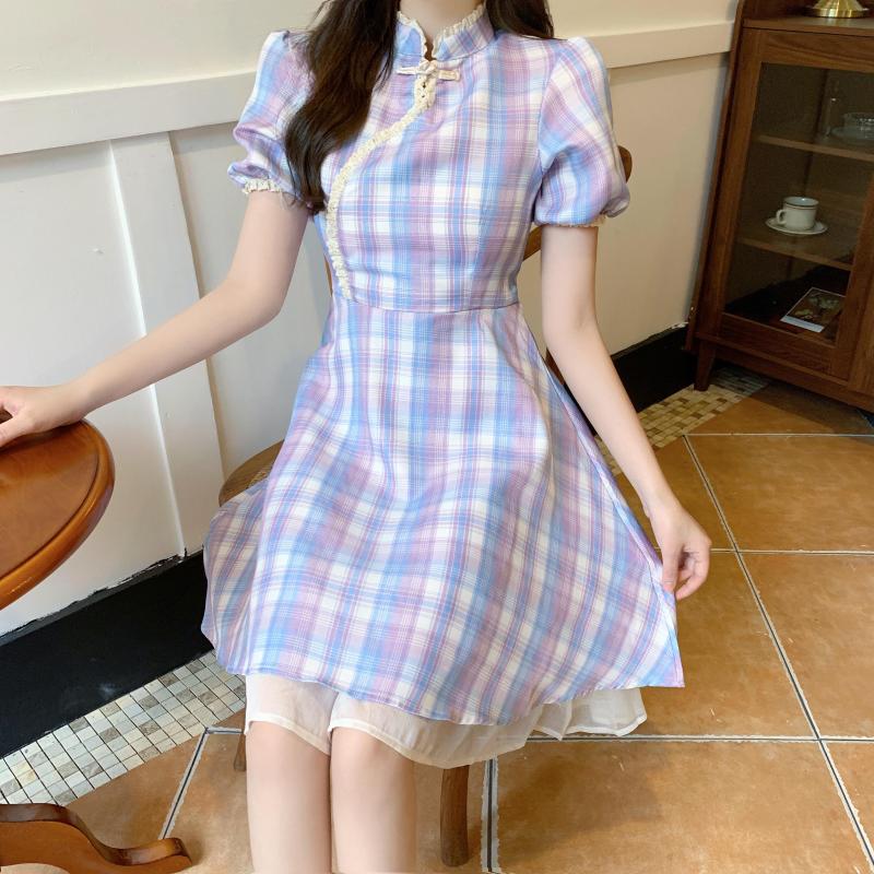 

Casual Dresses Chinese Summer Traditional Cheongsam Dress Women Girls Retro Qipao Bodycon Short Plaid Vintage Fashion Mini, Purple dress