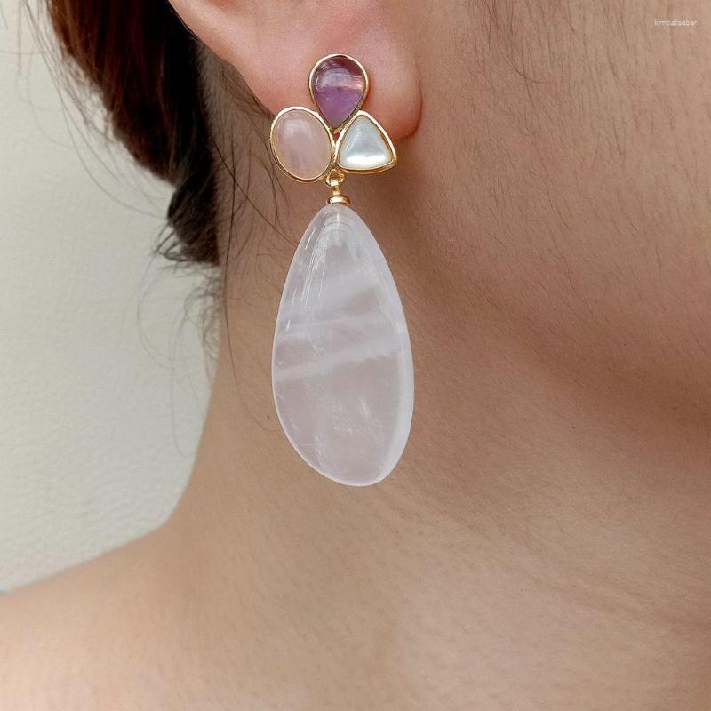 

Dangle Earrings YYGEM Natural Amethyst Teardrop Rose Quartz White Shell Stud Romantic Style For Women