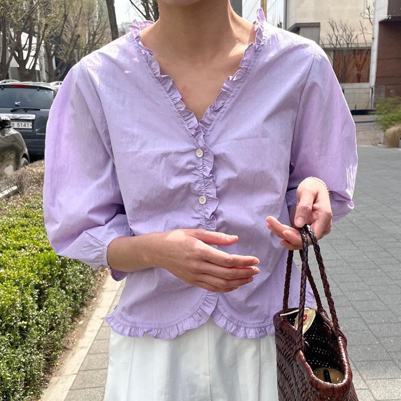 

Women's Blouses Women Shirts Korean Chic Summer V-neck Stitching Wooden Ear Loose Casual Bubble Sleeve Cropped Shirt Female Clothing, Purple