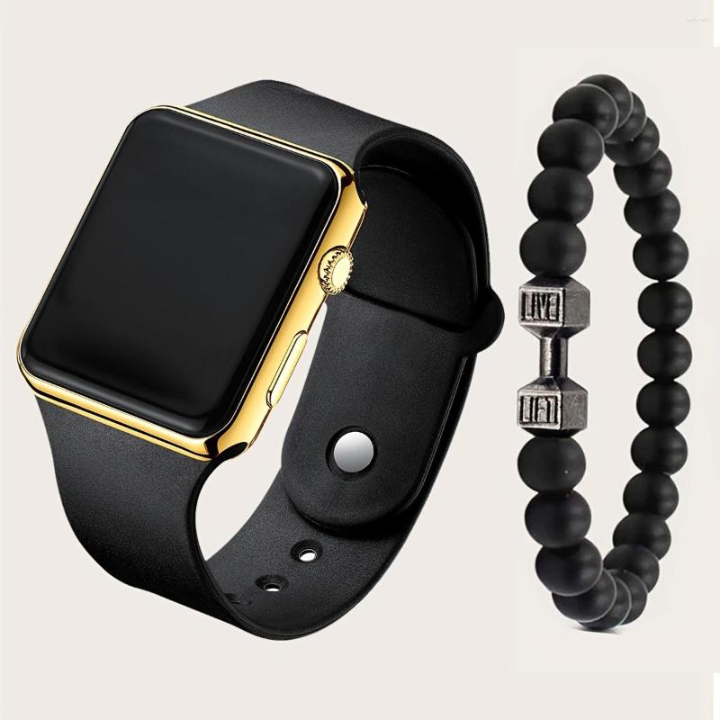 

Wristwatches 2pcs Square Sporty Style Electronic Watch Beaded Bracelet Set For Men, Rose black + bracelet
