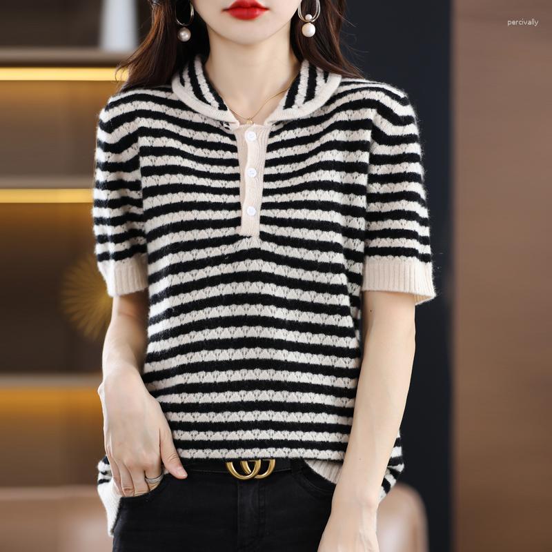 

Women's Sweaters Merino Wool Short-sleeved Sweater Women's Pullover Comfortable Soft Lapel Knitted Hollow-out Pure Top T-shirt, Black