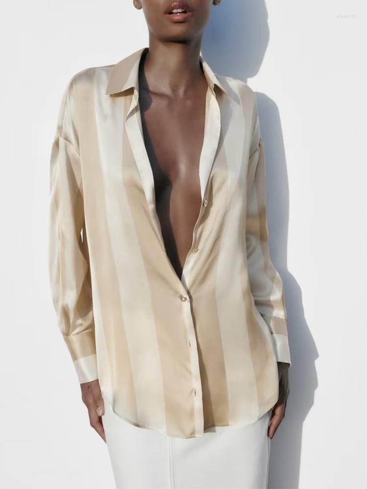 

Women's Blouses Striped Women Shirts Oversize Button Up Shirt Woman Long Sleeve Satin Blouse Female Collared And For, Picture shown