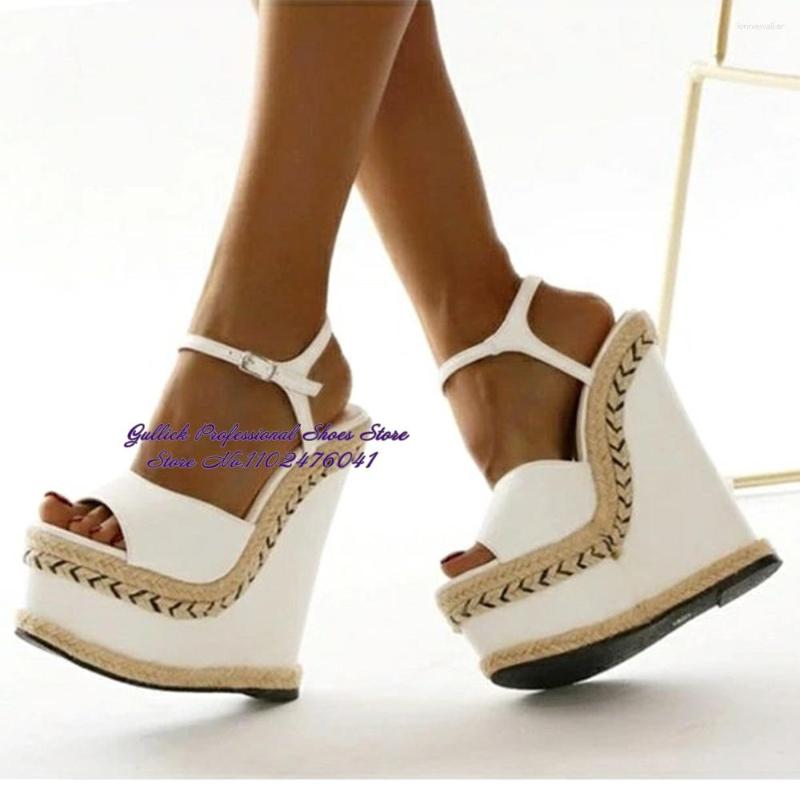 

Sandals Women White Matte Wedged Heel Espadrille Platform Ankle Buckle Strap Patchwork Dress Shoes Rope Braided Party Pumps, Picture shown
