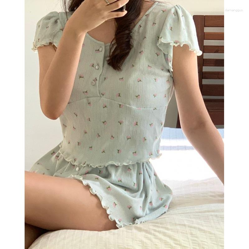 

Women's Sleepwear Floral Print Summer Home Suit Women Korean Short Sleeve Shirts Tops Shorts Set Kawaii Sweet Pajamas Homewear Clothes Green