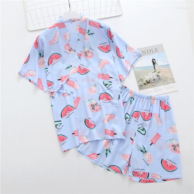 

Women's Sleepwear Summer Kimono Suit Short Sleeve Shorts Pajamas V-Neck Print Viscose Wholesale Clothing Vendors For Women Sets, White monstera