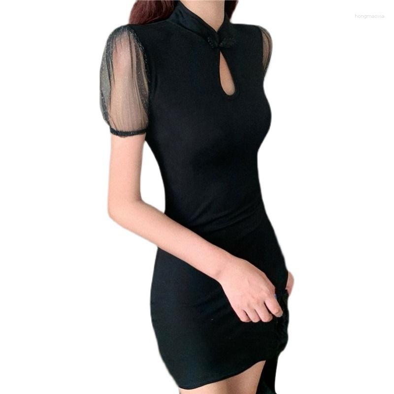 

Casual Dresses Women French Retro Summer Korean Style Half Collar Fashion Dress Cute Hollow Puff Sleeve Short Slim, Black