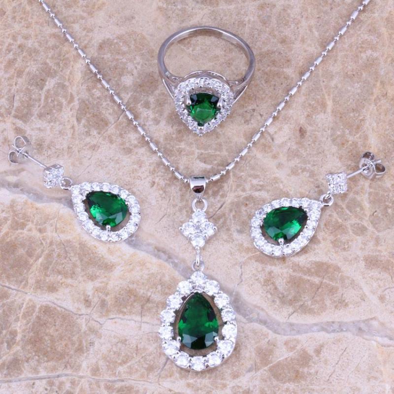 

Necklace Earrings Set Green Cubic Zirconia Silver Plated Pendant Ring Size 5 / 6 7 8 9 10 11 12 S0838, Picture shown