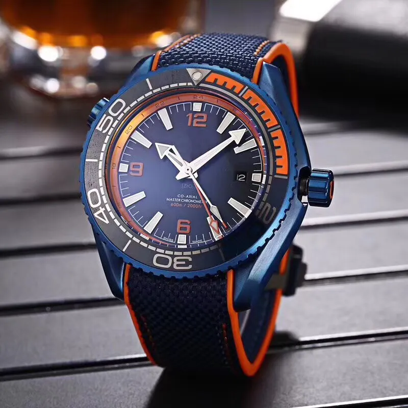 

Rubber Nylon Fabric Strap Foldover Clasp Watches Mens Watch Sea Watches Man Blue Electroplated Back Glass He 44MM Wristwatche