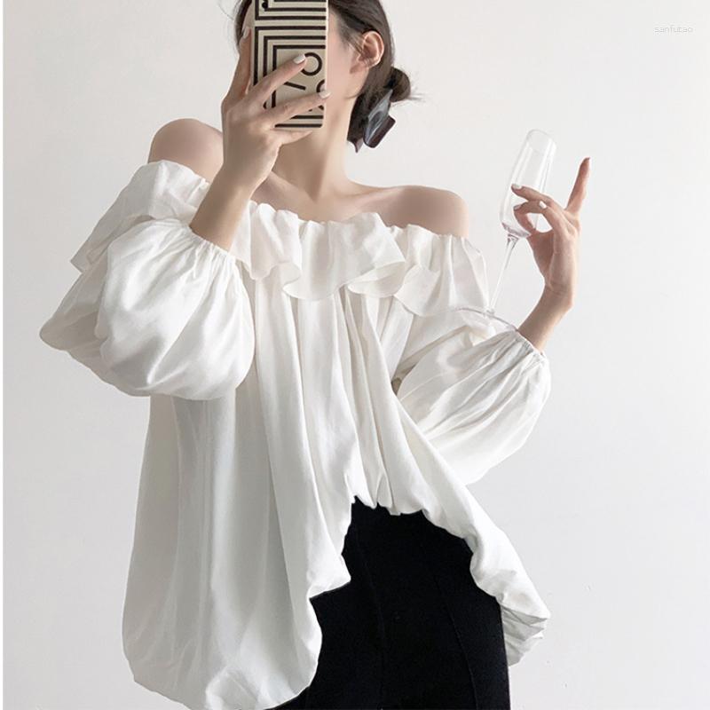 

Women' Blouses Chic Slash Neck One Shoulder Top For Women Long Ruffles Sleeve Pleated Female Elagent Backless Irregular White Casual Shirts