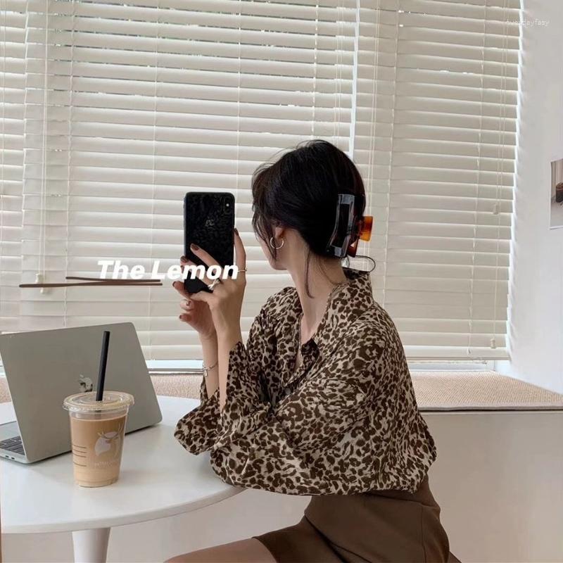 

Women's Blouses Leopard Shirt Tops Ladies Spring Summer Retro Loose Fashion Print Long Sleeve Chiffon Versatile Casual Women Clothes, Black