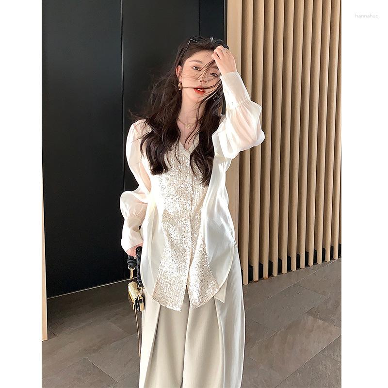 

Women' Blouses Spring/summer 2023 Blingling Heavy Technology Sequin Patchwork Shirt, Apricot