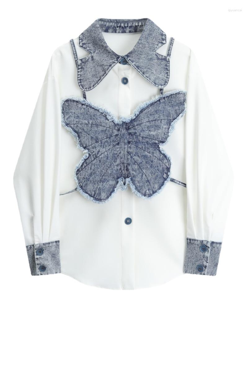

Women' Blouses SuperAen 2023 Spring White Long Sleeve Shirt Design Niche Patchwork Denim Contrast Women Shirts