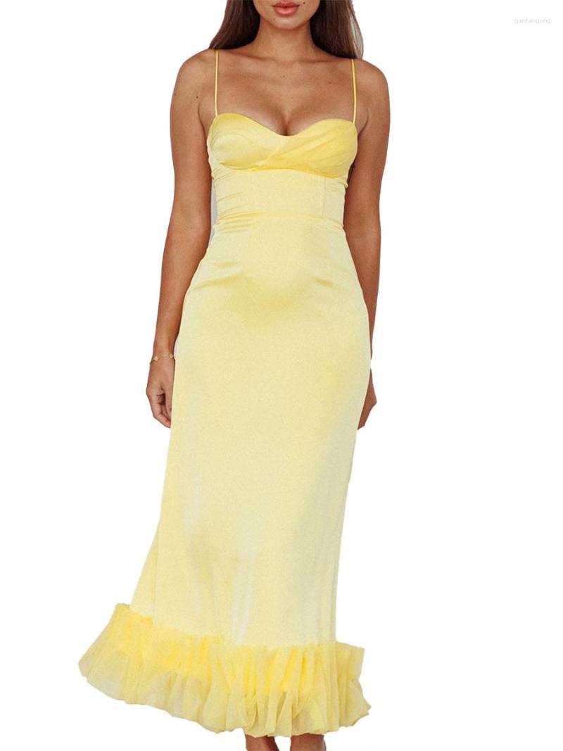 

Casual Dresses 2023 Summer Women's Bodycon Long Dress Sexy Spaghetti Strap Solid Color Ruffle Hem Party Zip Back Midi In, Yellow