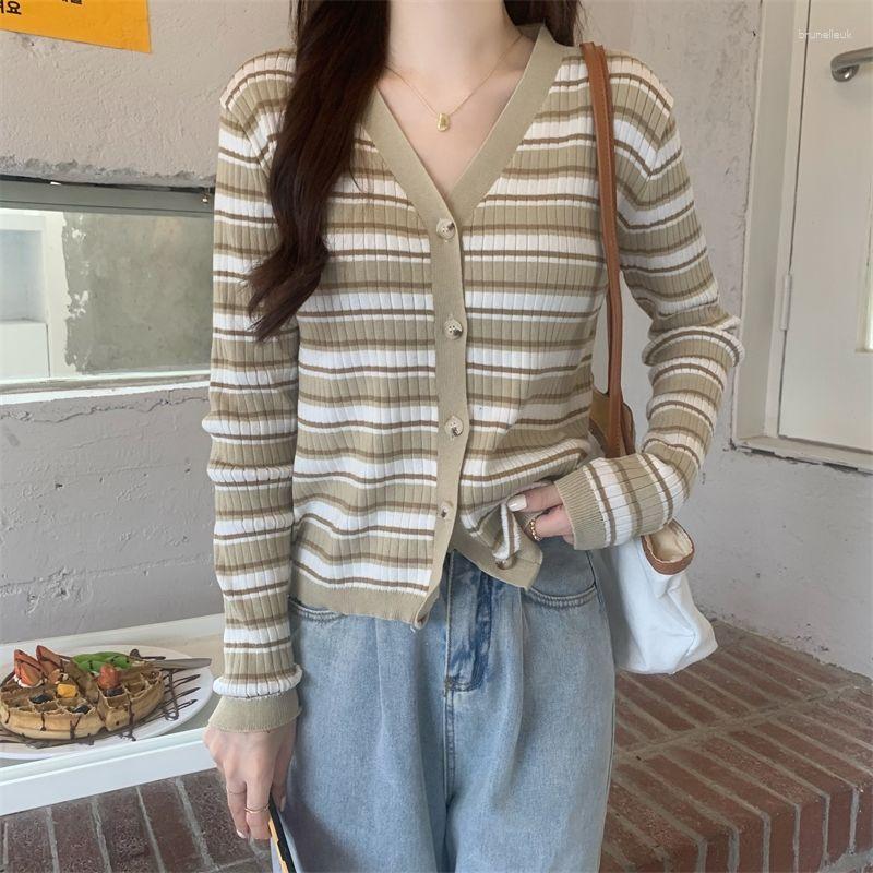 

Women's Knits V-neck Long-sleeved Sweater 2023 Spring Retro Contrast Color Knitted Cardigan Slim Gradient Striped Top Women's Tide, Beige