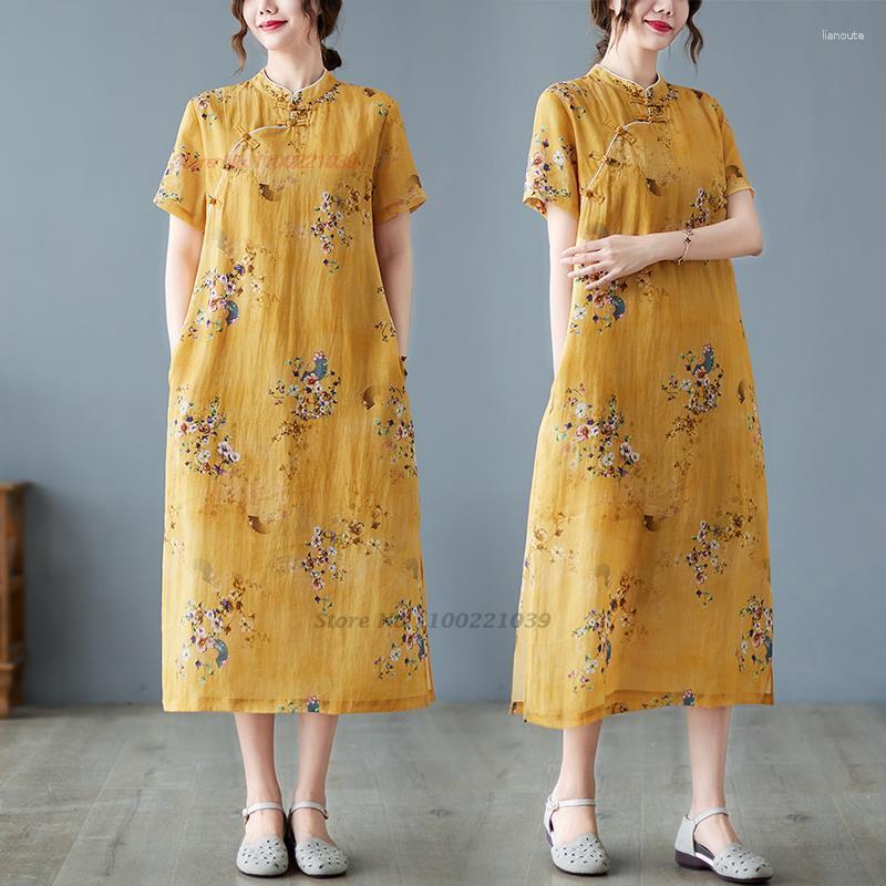 

Ethnic Clothing 2023 Chinese Vintage Dress Qipao Traditional Flower Print Cotton Linen Cheongsam Oriental Folk Style