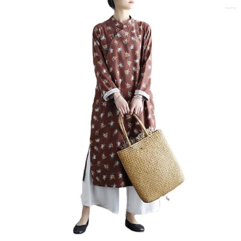 

Ethnic Clothing Shanghai Story Mandarin Women's Suede Cheongsam Dress Ladies Flower Print Long Qipao For Spring