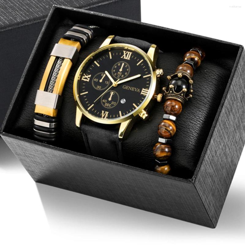 

Wristwatches 3pcs/set Men's Casual Analog Watch And Classic Bracelets Set (1 2 Bracelets), Black