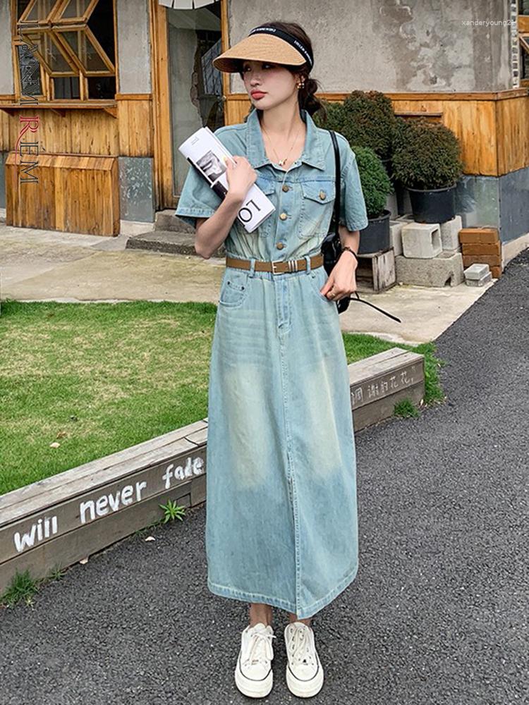 

Party Dresses LANMREM Denim Belt Dress For Women Lapel Single Breasted Short Sleeves Fashion Split Female Clothing 2023 2YA2789, Blue