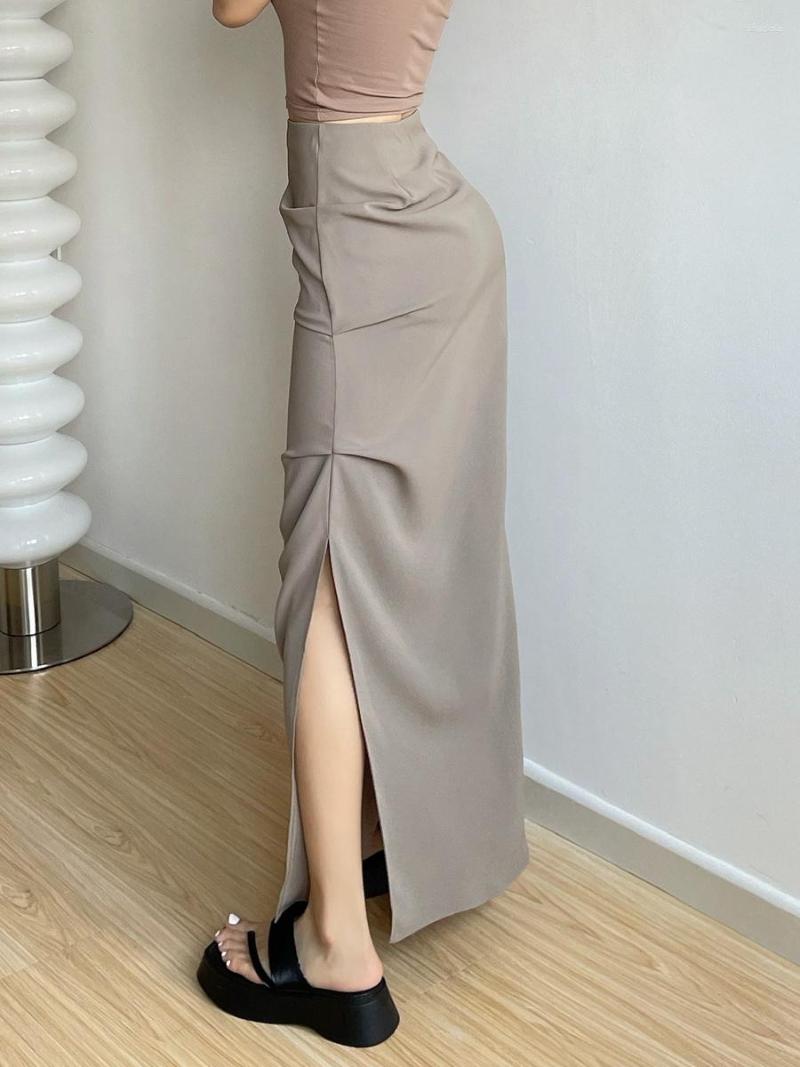 

Skirts Slim Waist WOMENGAGA High Fit Wrap Hip Pleated Work Dress Women' Design Sense Half Skirt Side Split Long YDYW, Black