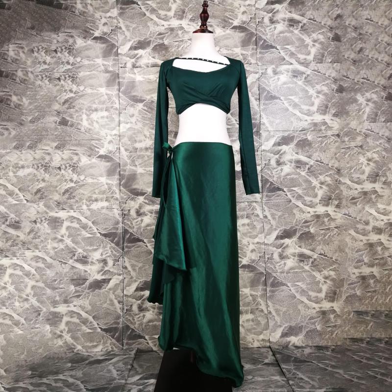 

Stage Wear Belly Dance Suit Long Sleeve Top Split Skir Practice Clothes Set Female Adult Elegant Shirt Performance Clothing, Green