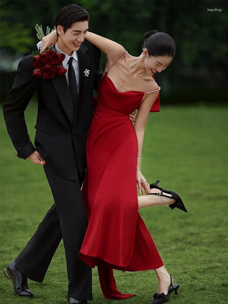 

Ethnic Clothing Bride Spaghetti Straps Wedding Dresses Formal Burgundy Bow Prom Party Gown Vestido