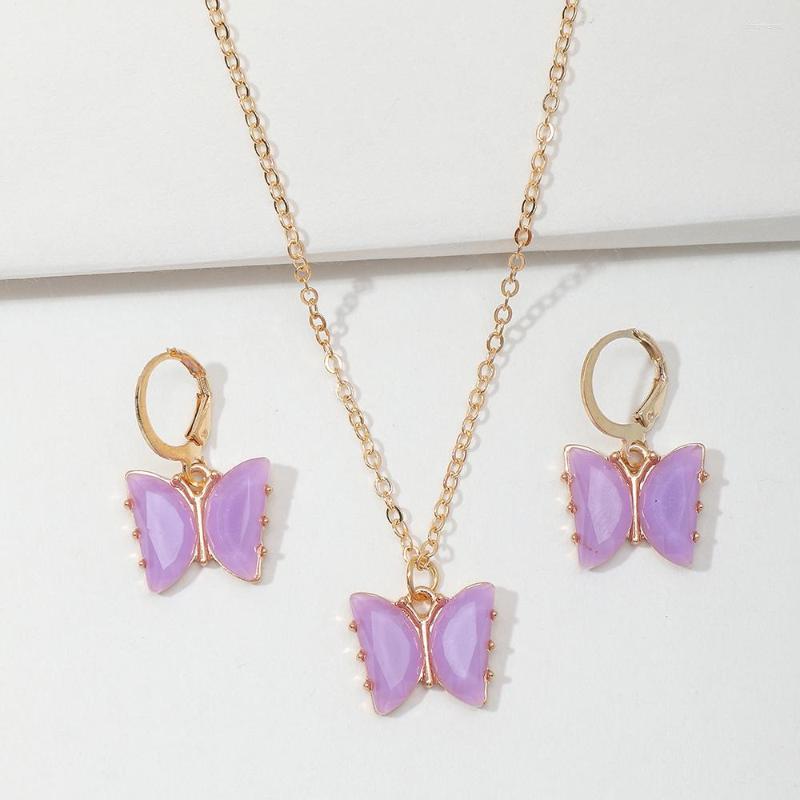 

Necklace Earrings Set Fashion Temperament Purple Butterfly For Women Girls 3Pcs Simple Transparent Pendant Jewelry, Picture shown